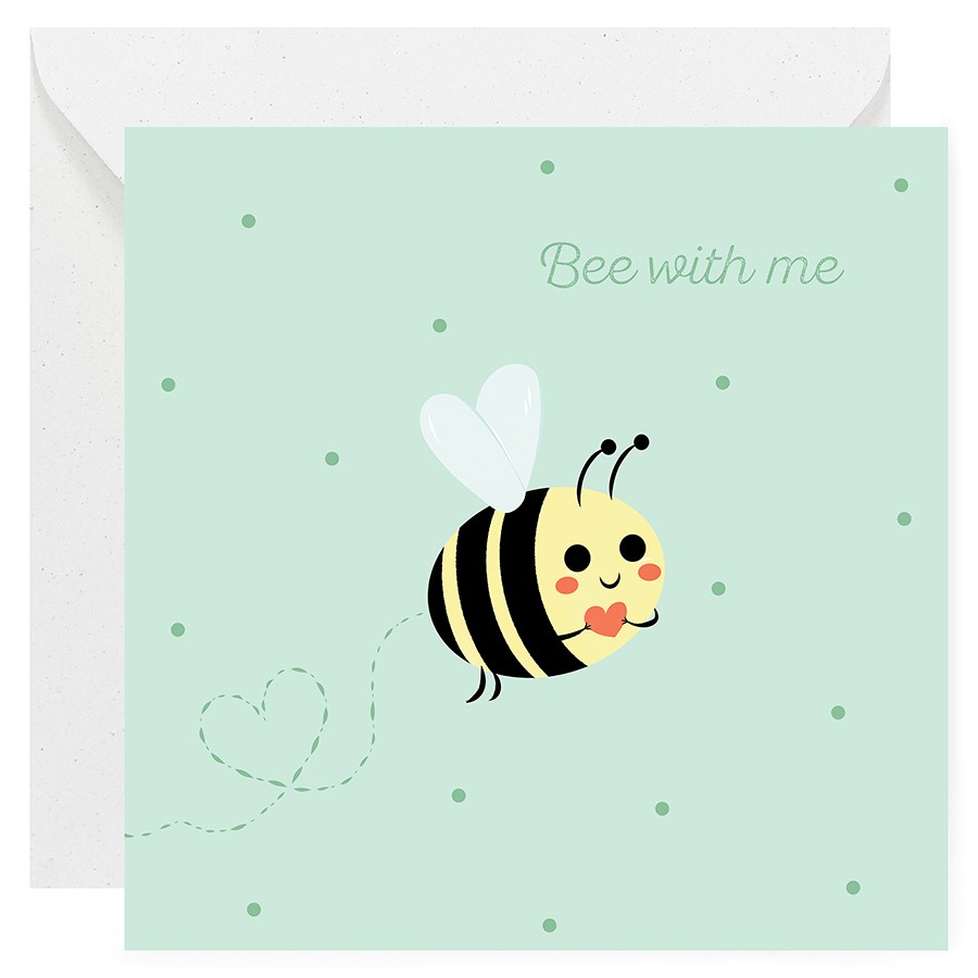 Kartka okolicznościowa miłosna. Urocza pszczoła, miętowe tło, napis "Bee with me"