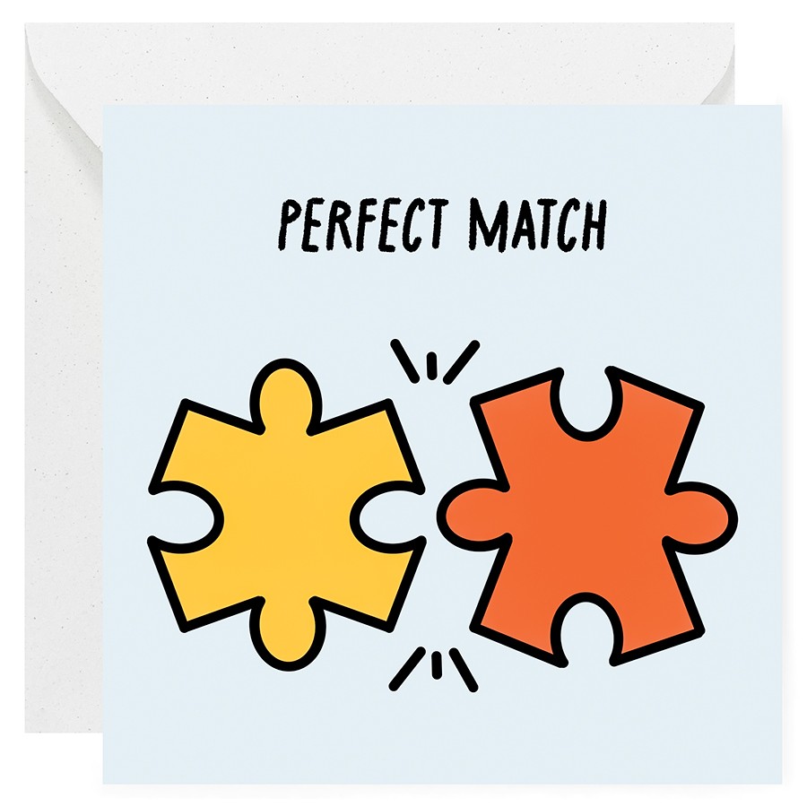 Kartka miłosna na Walentynki - dwa pasujące do siebie puzzle z napisem "Perfect match", niebieskie tło