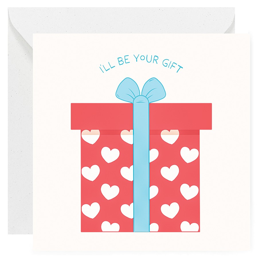 Kartka miłosna na Walentynki - czerwone pudełko prezentowe w serca z kokardą i napisem "I'll be your gift"