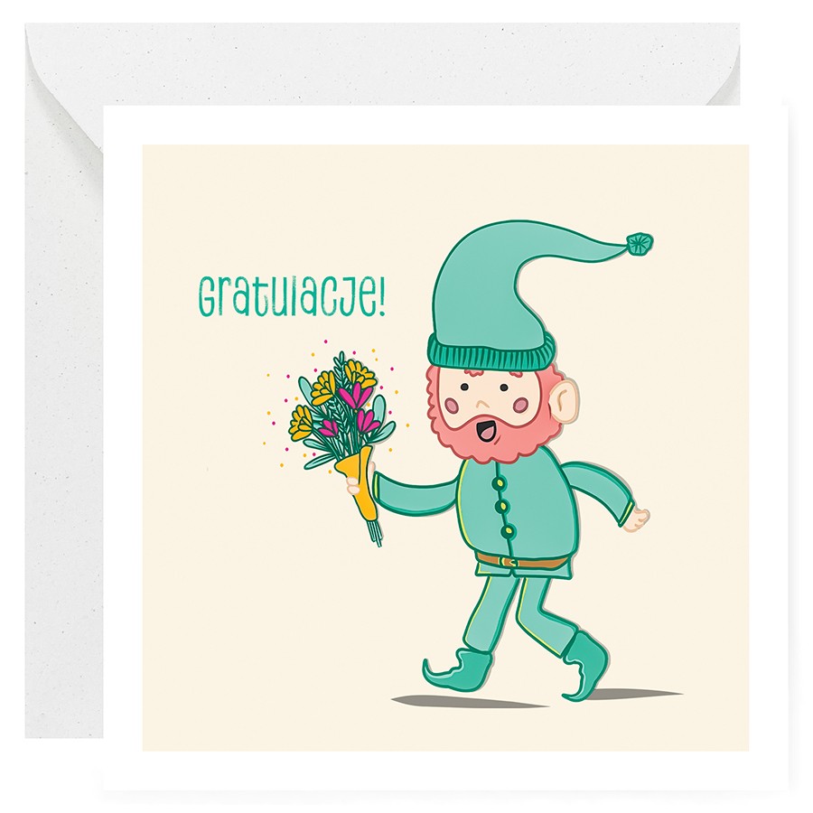 Kartka okolicznościowa gratulacyjna beżowa. Krasnoludek z bukietem kwiatów. Zielony napis "Gratulacje".