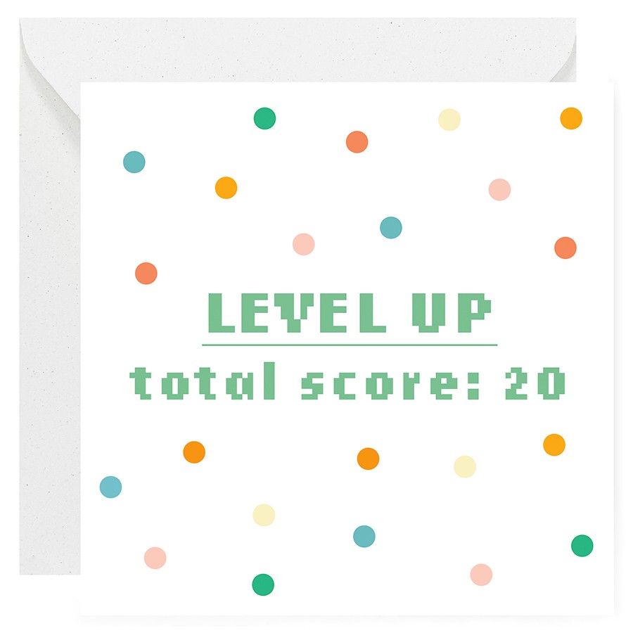 Kartka urodzinowa dla gracza, białe tło, kolorowe kropki. Napis na środku: “LEVEL UP total score: 20”.