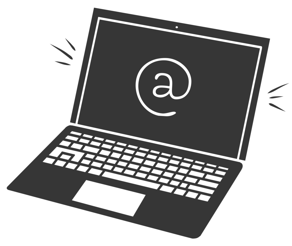 rysunkowy czarny laptop, kontakt mailowy ze sklepem
