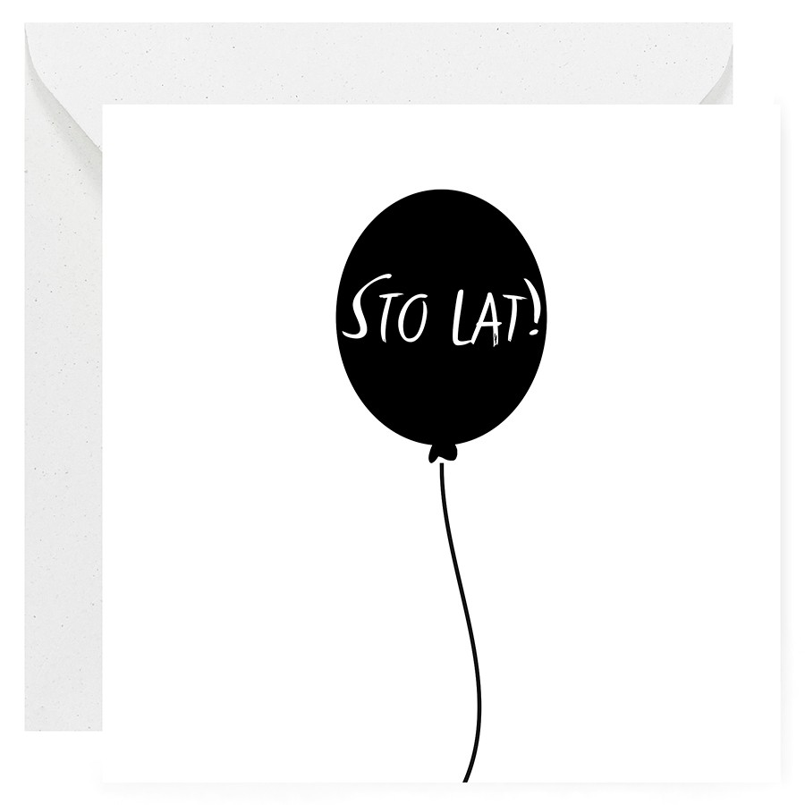 Czarno-biała, minimalistyczna kartka urodzinowa. Czarny balon z białym napisem “Sto lat”.