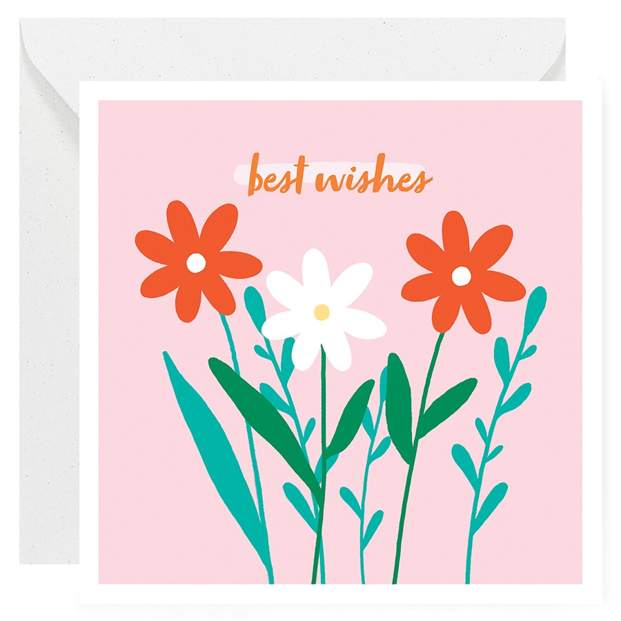 Kartka okolicznościowa na urodziny Kwiaty. Na środku napis “best wishes”, poniżej kwiatki polne na różowym tle. Biała ramka.