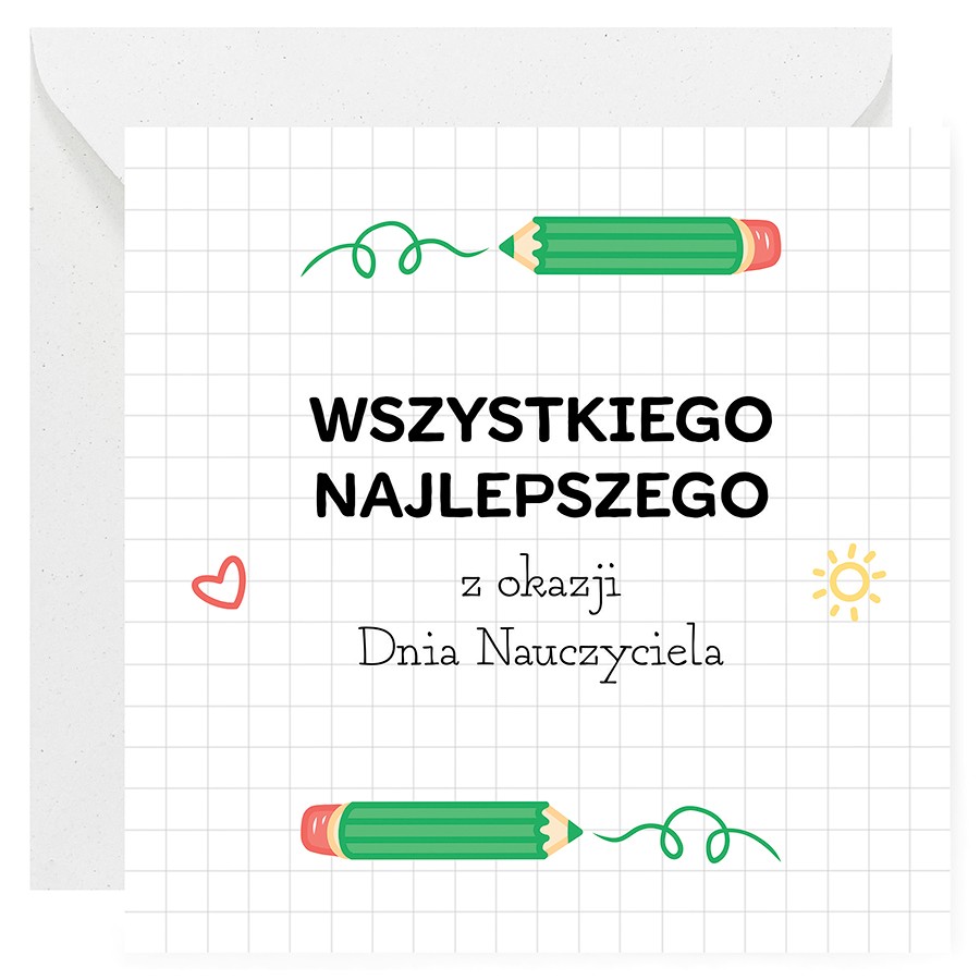 Kartka na Dzień Nauczyciela. Kartka w delikatną kratkę, dwa zielone ołówki i napis na środku “WSZYSTKIEGO NAJLEPSZEGO z okazji Dnia Nauczyciela”