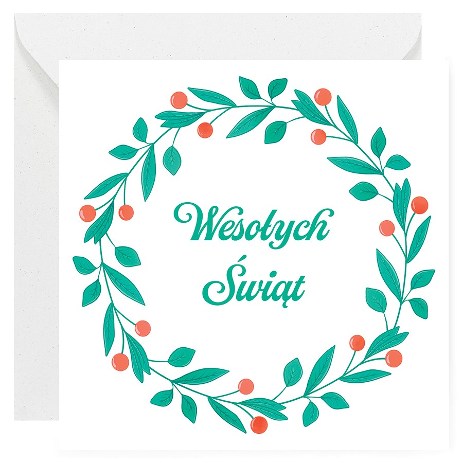 Kartka Wesołych Świąt. Kartka okolicznościowa na Boże Narodzenie z napisem na środku. Wianek z czerwoną jarzębiną.
