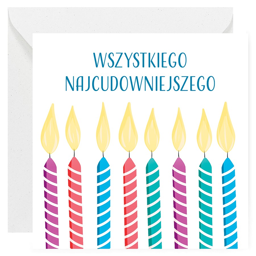 Kartka okolicznościowa na urodziny. Zapalone świeczki urodzinowe w 4 kolorach – fioletowym, czerwonym, niebieskim i zielonym. Białe tło, u góry kartki duży napis “Wszystkiego najcudowniejszego”.