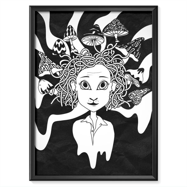 Plakat Meduza – czarno-biały surrealistyczny rysunek postaci otoczonej elementami, takimi jak grzyby oraz linie przypominające macki.