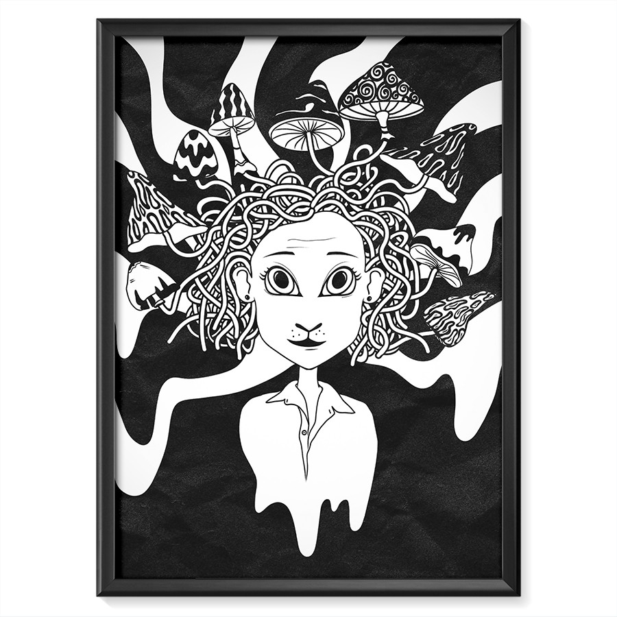 Plakat Meduza – czarno-biały surrealistyczny rysunek postaci otoczonej elementami, takimi jak grzyby oraz linie przypominające macki.