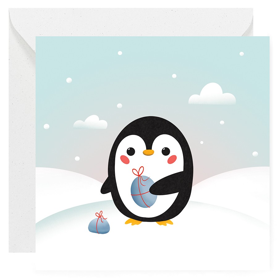 Urocza kartka okolicznościowa pingwin na wzgórzu z prezentami. Rysunek zainspirowany motywem penguin pebbling
